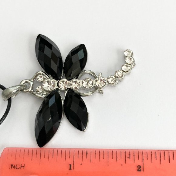 Vtg Dragonfly Necklace Pendant Insect Black Crystal Silver Plated Black Cord 18" - Picture 10 of 10